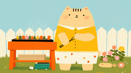 cheerful chubby cat grilling skewers in sunny backyard garden