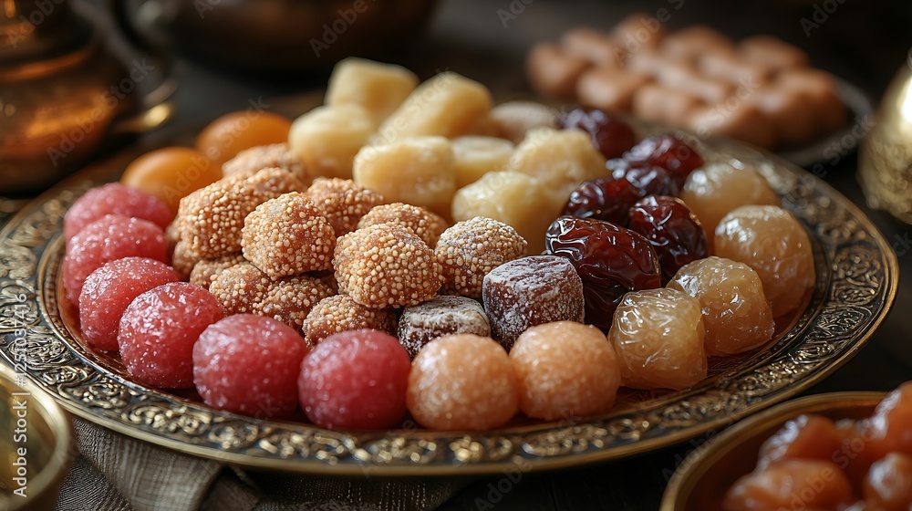 Wall mural a golden serving plate with an array of traditional sweets and dates placed on an elegant cloth