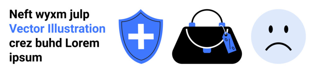 Fototapeta premium Blue shield with medical cross, a black handbag with a tag, and a sad face emoticon. Ideal for safety, protection, online shopping, security, health care, emotions flat landing page banner