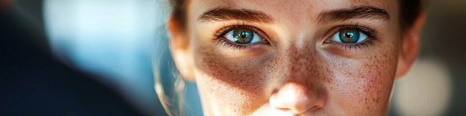 Close-up Photograph of a Young Woman's Face with Freckles and Green Eyes