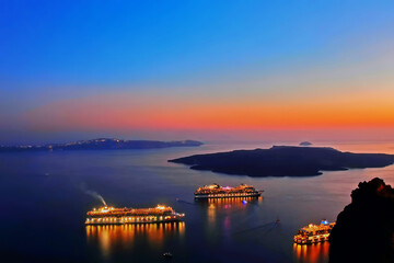 Aegean sea. Tourist ships in the center of the Santorini caldera
