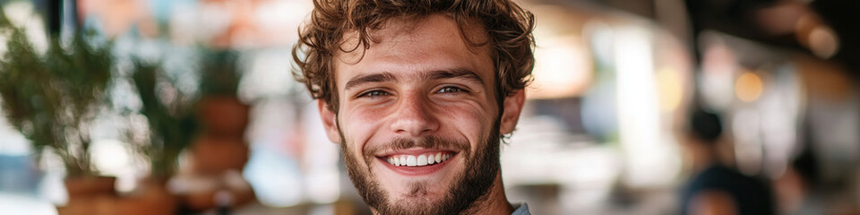 Obraz premium Portrait of Smiling Young Man with Curly Hair