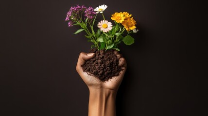 Hand holding soil with vibrant flowers, perfect for spring