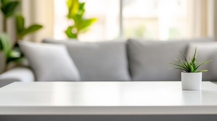 Modern living room, plant on coffee table, blurred sofa background; home decor