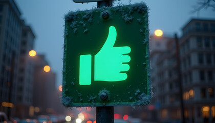 Green thumbs-up traffic signal in urban evening setting