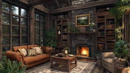 Rustic home library with fireplace, cozy armchairs, and wooden bookshelves