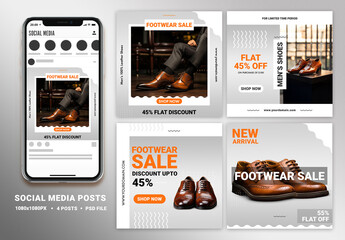 Footwear Sale Social Media Square Posts Set with Smartphone Mockup for Advertisement.