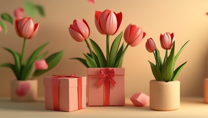 Fototapeta premium Charming Pink Tulips in Decorative Pots and Gift Boxes