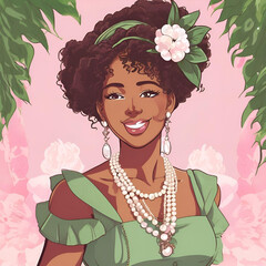 Anime, Bridgerton, Regal Era, Beautiful African American Princess, Alpha Kappa Alpha Inspired, Black Girl Art, Black Woman Art, Sorority, Pearls, Ivy Leaf, Pretty in Pink
