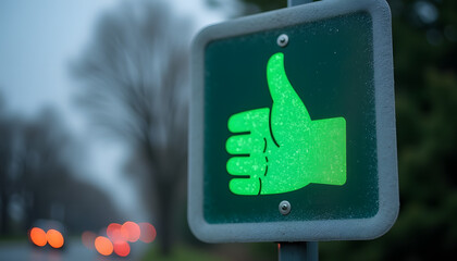 Green thumbs up pedestrian signal against blurred street background