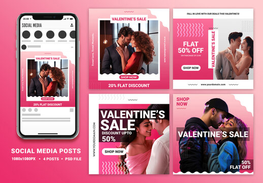 Valentine&rsquo;s Day Sale Social Media Square Posts Set with Smartphone Mockup and Various Couple Photo for Advertisement.