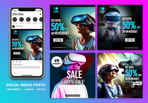 Virtual Reality Headset Sale Social Media Square Posts Set with Smartphone Mockup for Advertisement.