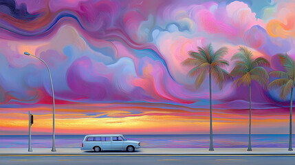 Dreamy coastal road trip scene with colorful sky, tropical palm trees, and ocean view. Perfect for travel, wanderlust, and vacation inspiration.