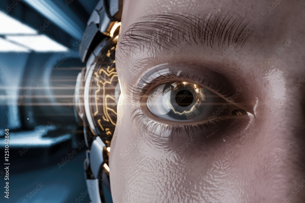 Poster close-up of a futuristic robotic eye, glowing with internal mechanisms.