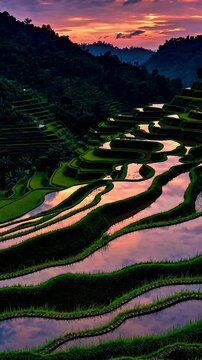 A serene rice terrace reflecting the sky during golden hour, with lush green fields cascading down hillsides like steps into tranquility. Peace and harmony within nature's design.
