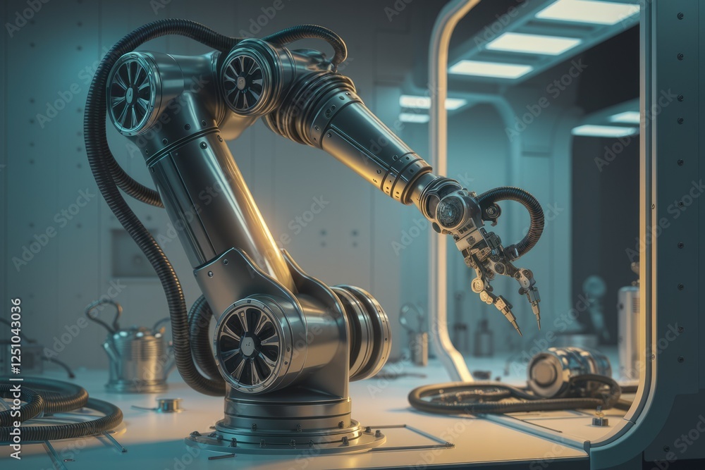 Poster a futuristic robotic arm, meticulously detailed, performs a precise task in a clean, high-tech labor