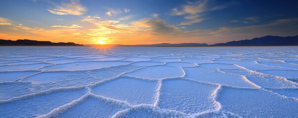 Vast salt flats at sunset, hexagonal salt patterns, golden sky, dramatic clouds, distant mountains, panoramic landscape, ethereal white terrain, vivid orange sunlight, blue twilight hues, stark desert