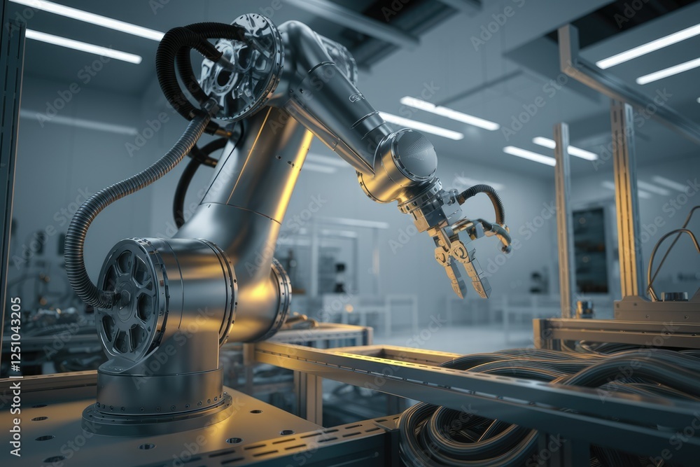 Poster a robotic arm in a factory setting, showcasing automation and advanced manufacturing technology.