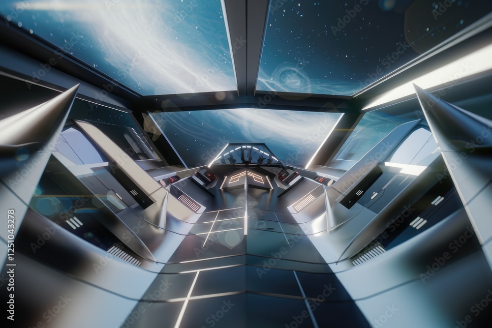 Poster futuristic spaceship interior view from the pilot's seat, showcasing advanced technology and a starr