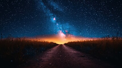 Fototapeta premium A serene road under a starry night sky with the Milky Way visible.