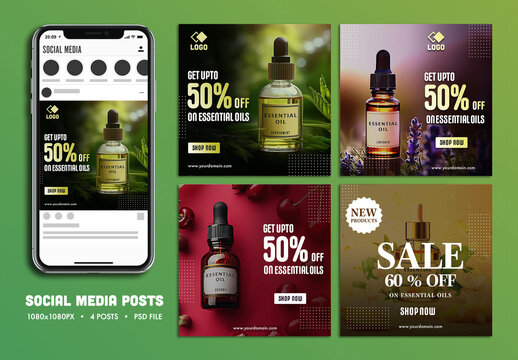 Essential Oil Sale Social Media Posts with Smartphone Mockup for Beauty and Fashion Blogs.