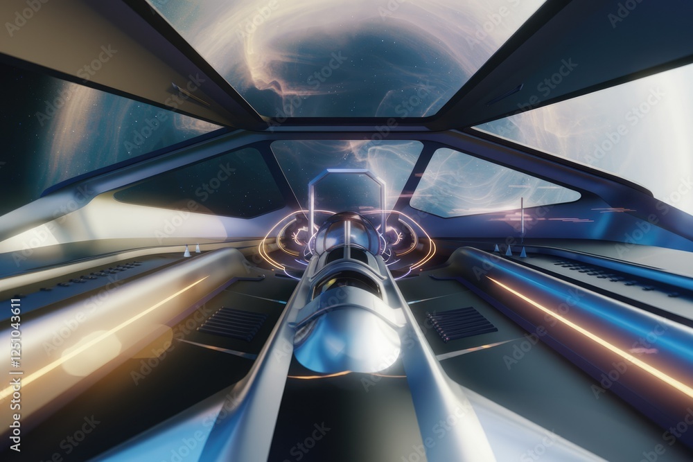 Poster futuristic spaceship interior with stunning nebula view through large windows, showcasing advanced t