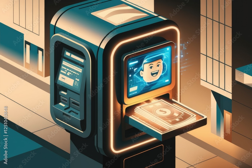 Poster futuristic atm dispensing cash via facial recognition technology, secure and efficient.