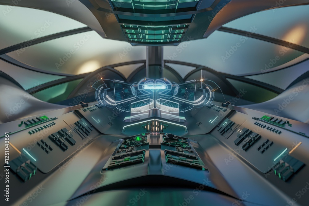 Poster futuristic spaceship cockpit with advanced holographic displays and control panels.