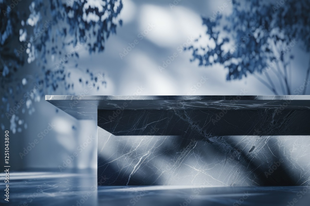 Poster elegant dark marble display stand bathed in soft, dappled light, ideal for product showcasing.