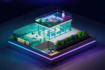 Obraz premium Modern rooftop apartment with glass walls, jacuzzi, and vibrant plants under a starry night.