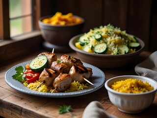 3Grilled Saffron Chicken Kebabs with Fluffy Golden Rice, Charred Vegetables, and Aromatic Spices – A Vibrant and Flavorful Gourmet Dish