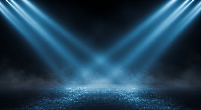 A dark, misty environment with beams of blue light cutting through the fog. The surface below reflects the light, creating a shimmering effect. The background is indistinct