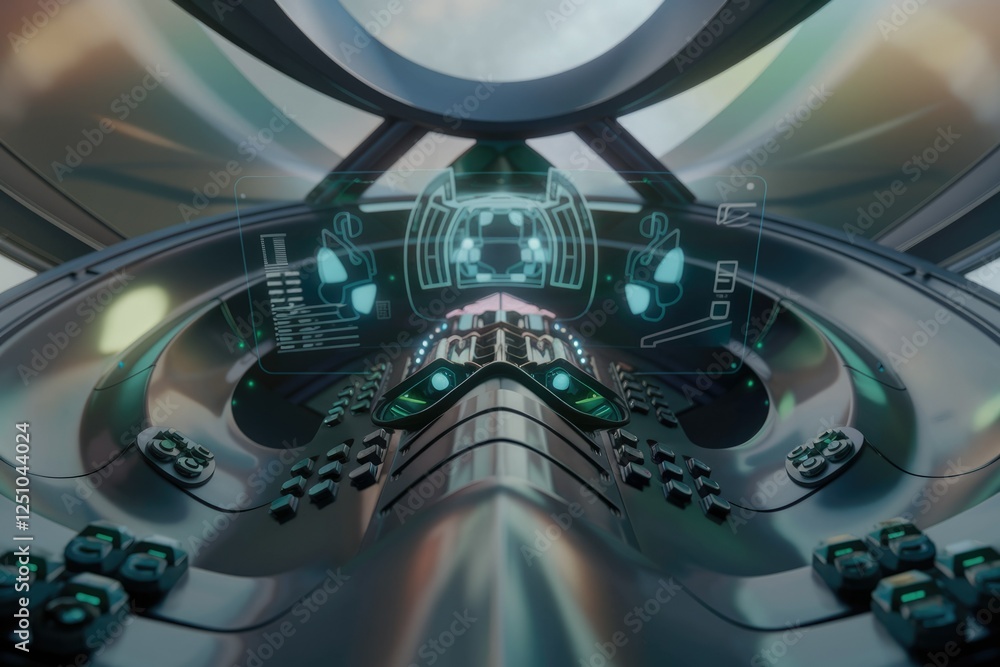 Poster futuristic spaceship cockpit with holographic displays and advanced control panels.
