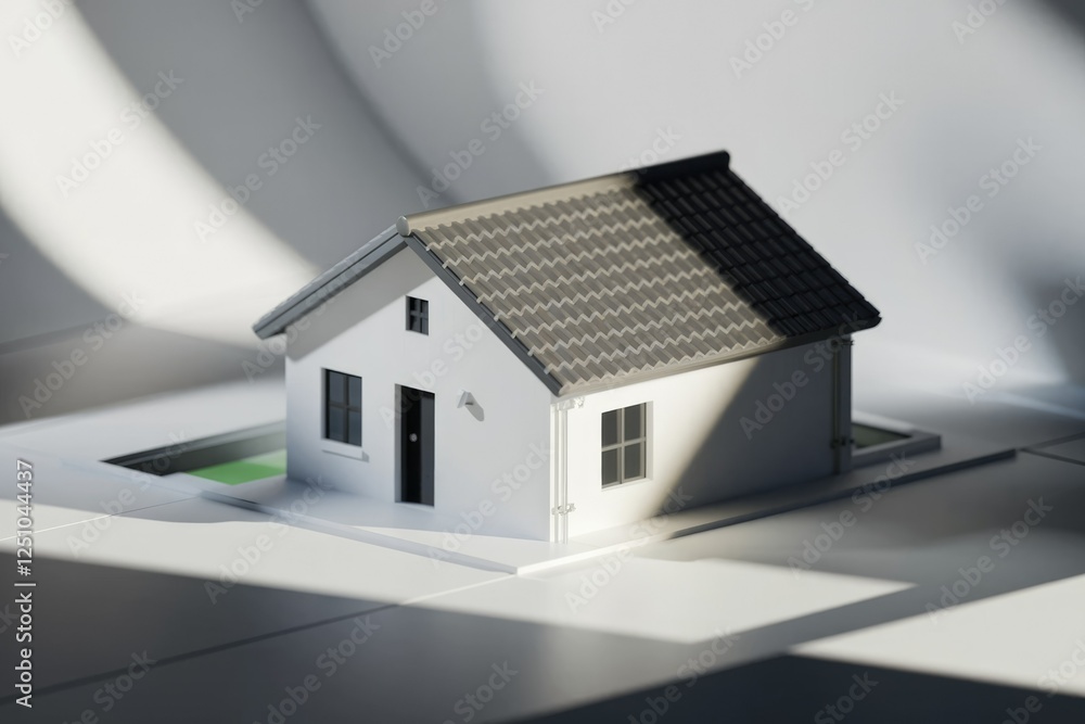 Poster A minimalist 3D model of a house, showcasing simple architecture and clean lines in a sunlit setting.