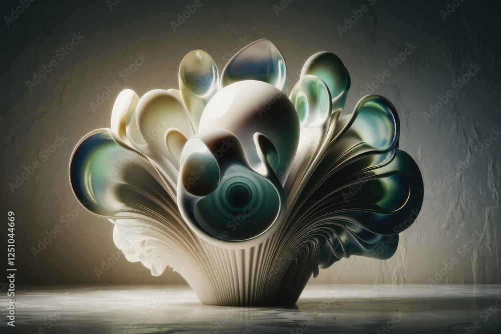 Poster abstract 3d rendering of a mesmerizing sculptural form with flowing, iridescent petals and a central
