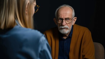 Fototapeta premium Elderly man in conversation with a woman in a dark setting.