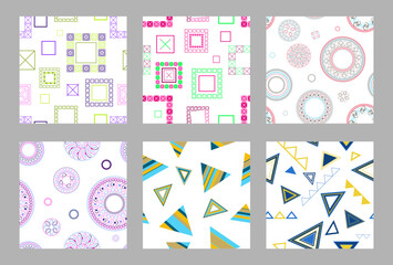 Seamless pattern of geometric shapes. Bright seamless pattern. Set of 6 patterns. Design for fabric, wallpaper, wrapping paper