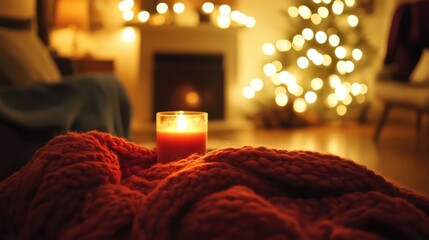 Glowing candlelight illuminating warm blanket and soft evening ambiance