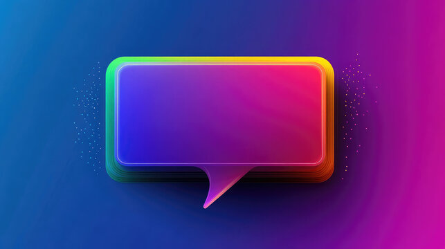 Colorful speech bubble, gradient neon colors, rainbow spectrum, vibrant 3D effect, glowing edges, dark blue background, minimalist design, digital art, futuristic, abstract, communication concept
