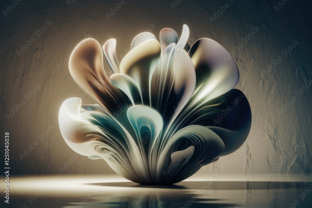 Aufkleber Abstract 3D rendering of a swirling, flower-like form with metallic sheen, illuminated dramatically.