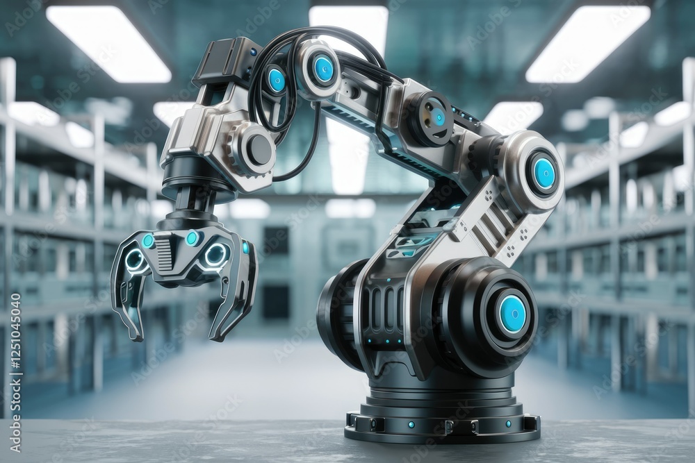 Poster a futuristic robotic arm with a claw-like gripper, positioned in a modern industrial setting.