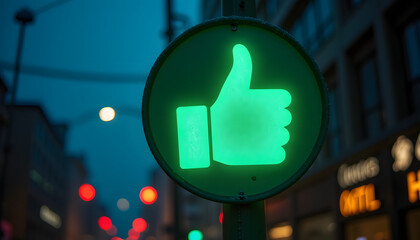 Green thumbs up pedestrian signal on city street at night