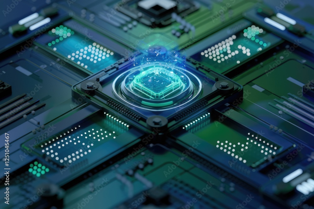 Poster a glowing central processing unit (cpu) is at the heart of a complex circuit board, symbolizing adva