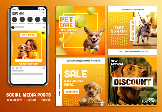 Social Media Sale Posts with Smartphone Mockup for Pet Care Shop Adoption.