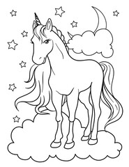 Beautiful unicorn in the sky. Clouds and moon. Black and white coloring.