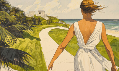 Discovering Coastal Beauty: A Serene Journey Along the Tropical Path to Ancient Ruins Overlooking the Ocean, Perfect for Adventure Seekers and Relaxation Lovers Alike.