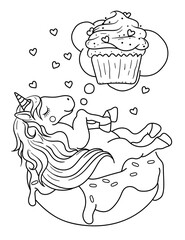 Sleeping unicorn in a donut dreams of a cake. Black and white coloring.