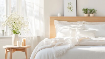Bright, airy bedroom with white bedding and a vase of flowers. Perfect for home and lifestyle themes.