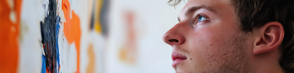 Fototapeta premium Young Man Observing Abstract Painting with Orange, Blue, and Black Hues