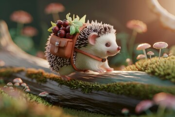 Fototapeta premium A cute hedgehog carrying a backpack full of berries walks on a mossy log in a whimsical forest.
